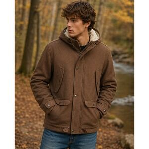 Planet Earth Wool Blend Hooded Jacket Mens Medium Brown Sherpa Lined Coat